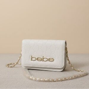 NWT Bebe Celia Monogram Flap Crossbody Bag White Gold Chain Small Purse